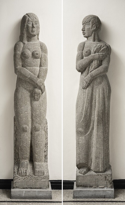 GUSTAV HEINRICH WOLFF (1886-1934), Kaminfiguren, 1925, Kalkstein, je 209 x 42,5 x 25,5 cm Hamburger Kunsthalle, Dauerleihgabe der Stiftung Hamburger Kunsthalle erworben, 1958 SHK / Hamburger Kunsthalle ©Foto: Christoph Irrgang GUSTAV HEINRICH WOLFF (1886-1934), Kaminfiguren, 1925, Kalkstein, je 209 x 42,5 x 25,5 cm Hamburger Kunsthalle, Dauerleihgabe der Stiftung Hamburger Kunsthalle erworben, 1958 SHK / Hamburger Kunsthalle ©Foto: Christoph Irrgang