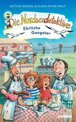 Kinderbuchcover: Zwei Kinder grillen gemeinsam mit zwei Erwachsenen vor einer Imbissbude