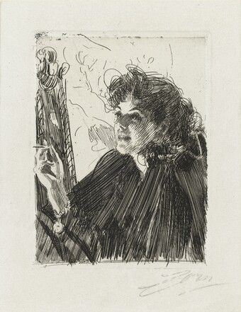 Anders Zorn (1860–1920), Rauchende junge Frau, um 1892, Radierung, 15,9 x 12,0 cm, Hamburger Kunsthalle, Kupferstichkabinett, © Hamburger Kunsthalle / bpk, Foto: Christoph Irrgang Anders Zorn (1860–1920), Rauchende junge Frau, um 1892, Radierung, 15,9 x 12,0 cm, Hamburger Kunsthalle, Kupferstichkabinett, © Hamburger Kunsthalle / bpk, Foto: Christoph Irrgang