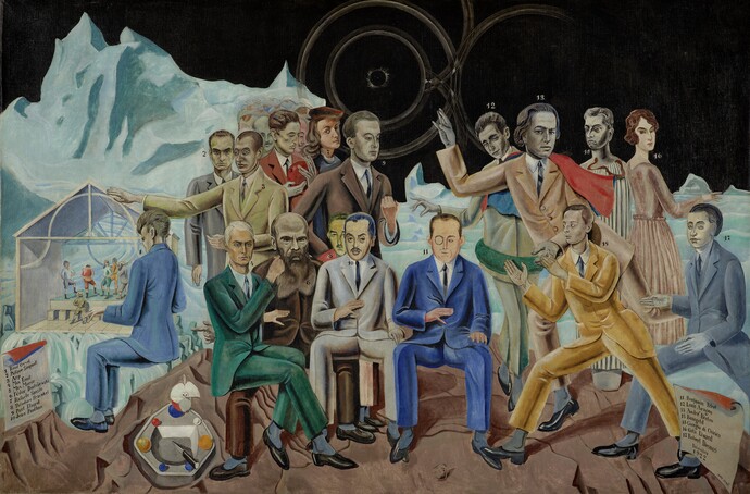 Max Ernst (1891–1976) Das Rendezvous der Freunde (Au rendezvous des amis), 1922 Öl auf Leinwand, 130 x 195 cm Museum Ludwig / Erworben mit Unterstützung des Landes Nordrhein- Westfalen 1971 © Rheinisches Bildarchiv Köln © VG Bild-Kunst, Bonn 2025