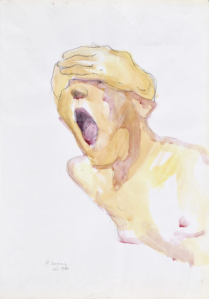 Maria Lassnig (1919–2014)  Ohne Titel (Schreiende), 1981 Bleistift, Aquarell auf Papier,  627 x 438 mm Maria Lassnig Stiftung © Maria Lassnig Stiftung / VG Bild-Kunst, Bonn 2025 Foto: Roland Krauss 