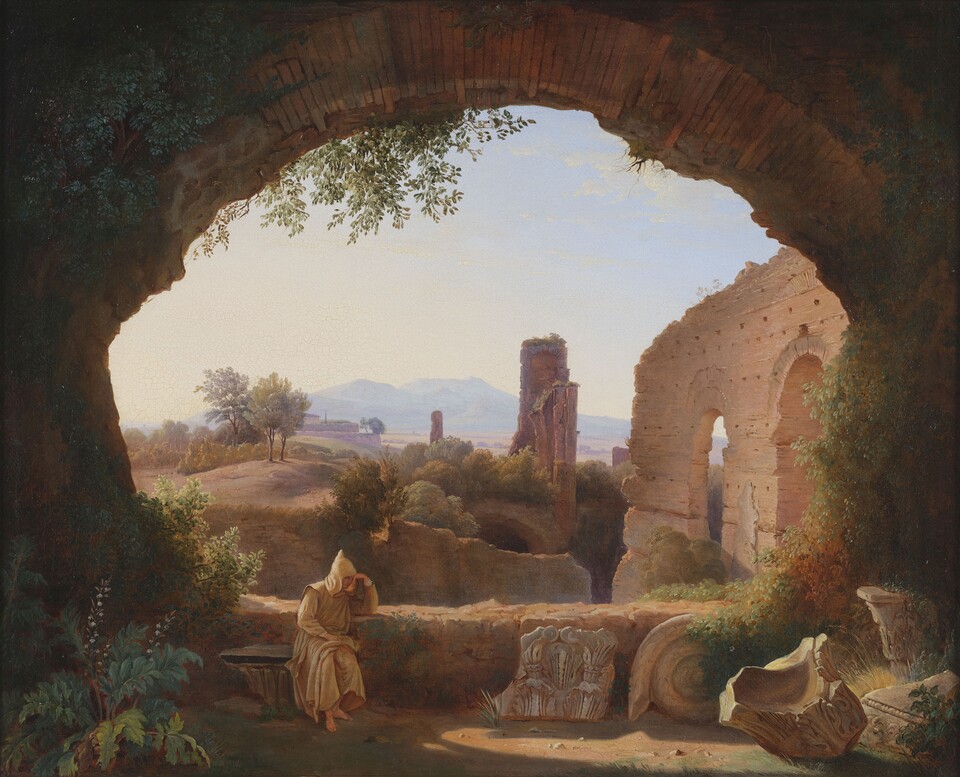 Franz Ludwig Catel (1778-1856), Sinnender Mönch in den Ruinen der Kaiserpalsäte auf dem Palatin in Rom, Öl auf Leinwand, 51 x 63 cm, Privatbesitz, Hamburg