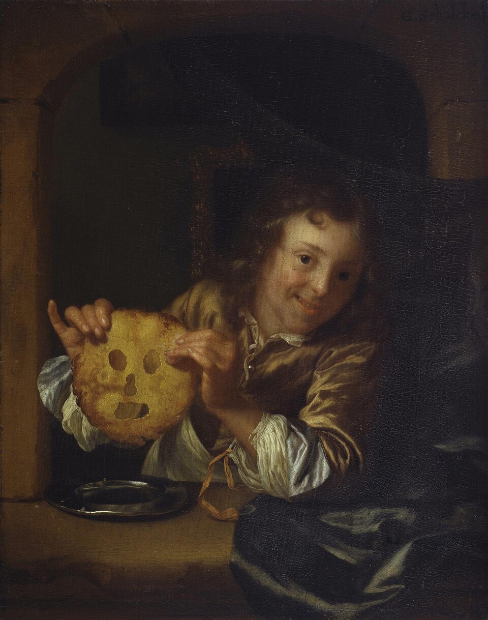 Godfried Schalcken (1643 - 1706) Junge mit Pfannkuchenmaske, 1670/1680 Öl auf Eichenholz 19,8cm x 15,7cm © Hamburger Kunsthalle / bpk Foto: Elke Walford