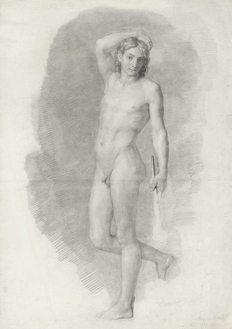Tommaso Minardi (1787–1871) Akademische Akstudie eines jungen  Mannes (Saverio), 1810–1812 Schwarze Kreide, 620 x 430 mm Hamburger Kunsthalle, Kupferstichkabinett © Hamburger Kunsthalle / bpk  Foto: Christoph Irrgang