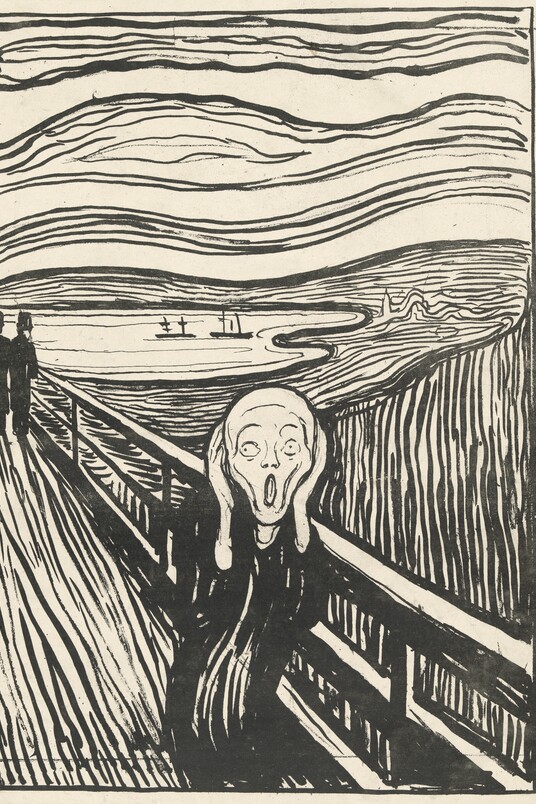 Druck einer Person, die sich die Hände ans Gesicht hält und auf einer Brücke schreit