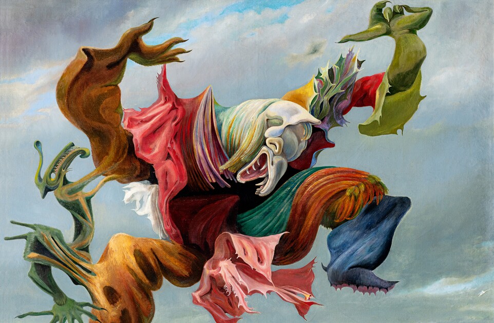 Max Ernst (1891–1976), Der Hausengel (Der Triumph des Surrealismus), 1937, Öl auf Leinwand, 114,2 x 146,5 cm, Collection Hersaint © Vincent Everarts Photography Brussels / VG Bild-Kunst, Bonn 2025