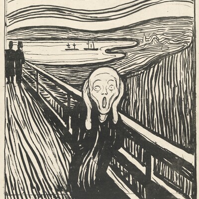 Druck einer Person, die sich die Hände ans Gesicht hält und auf einer Brücke schreit