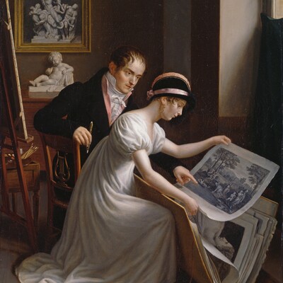 Joseph-François Ducq (1762 - 1829), Ein Paar, das Stiche betrachtet, Hamburger Kunsthalle / bpk, Foto: Elke Walford