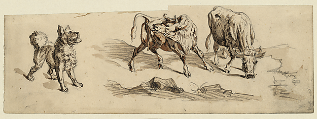 Schmale, unregelmäßig beschnittene Bleistiftskizze um 1800 von zwei Rindern und einem bellenden Hund